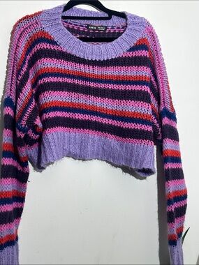 SHEIN Lavender Pink Navy Multicolor Striped Cropped Crew Sweater